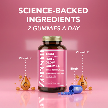 Zerean Bloom bottle surrounded by vitamin C, vitamin E, and biotin — clinically researched ingredients to boost glow and collagen.