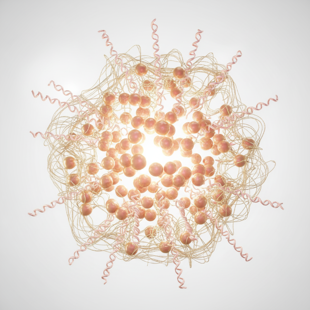Scientific 3D illustration of collagen and cellular skin structure. A central cluster of luminous peach-colored spheres representing skin cells is surrounded by an intricate network of golden fibrous strands (elastin and connective tissue fibers). Pink triple-helix collagen protein structures spiral outward from the matrix, characteristic of the collagen molecular form. A soft inner glow emanates from the center, suggesting cellular vitality and regeneration. Clean gray background with premium scientific ae
