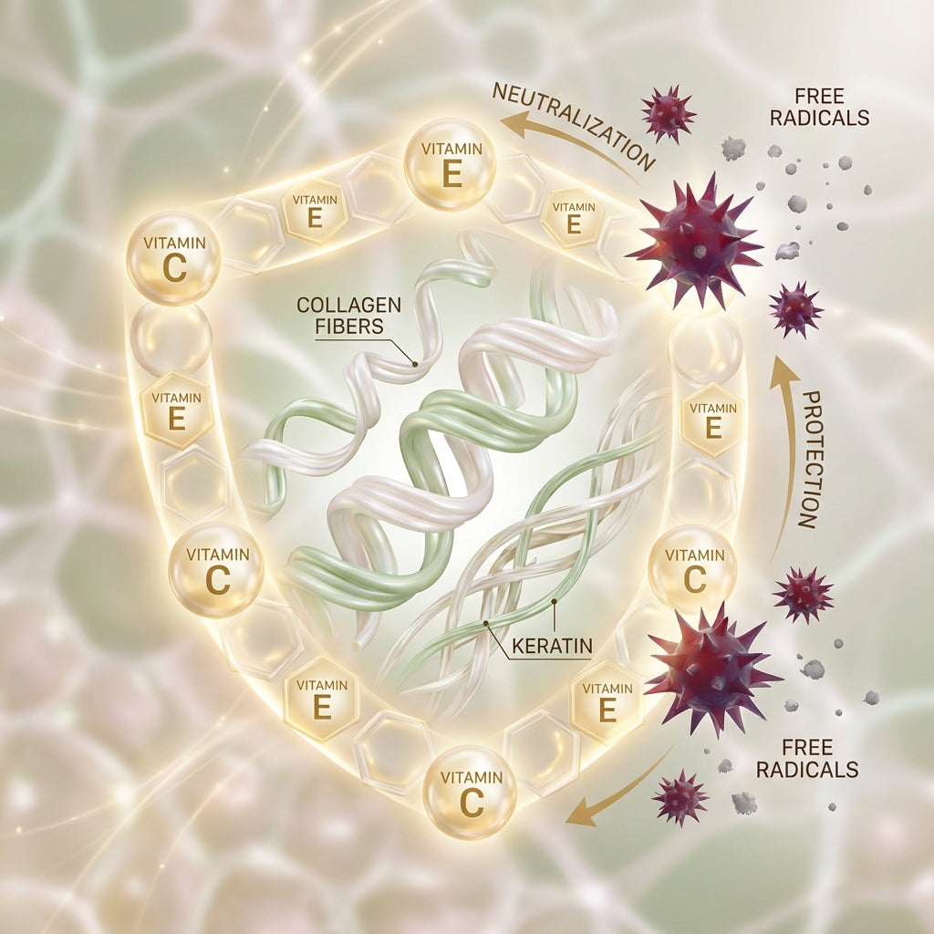 Scientific infographic illustrating antioxidant protection for skin and hair structures. A glowing shield shape is formed by alternating Vitamin C (golden spheres) and Vitamin E (amber hexagons) creating a protective barrier. Inside the shield, intertwined collagen fibers (white and pink helical strands) and keratin (green twisted structure) represent the protected skin and hair proteins. Outside the shield, dark burgundy spiky free radicals are shown being deflected. Golden arrows indicate the cycle of "Ne